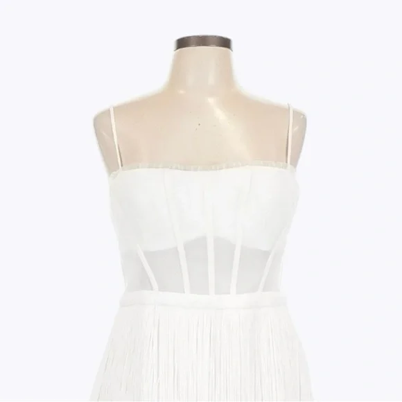 BCBGMaxAzria White Fringe Corset Midi Sheath Dress 14 Off-White Cocktail NWT - Picture 4 of 12